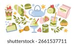 Cartoon set of matcha green tea. Fresh drink, ceramic cup, teapot, brewing pot. Hand drawn vector doodles depicting traditional Japanese tea ceremony.	