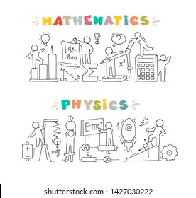 Cartoon set - Math and Physics subjects with little people and education symbols. Doodle cute miniature scene of workers with books, rocket. Hand drawn vector illustration for science design.