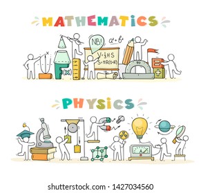 Cartoon set - Math and Physics subjects with little people and education symbols. Doodle cute miniature scene of workers with books, rocket. Hand drawn vector illustration for science design.