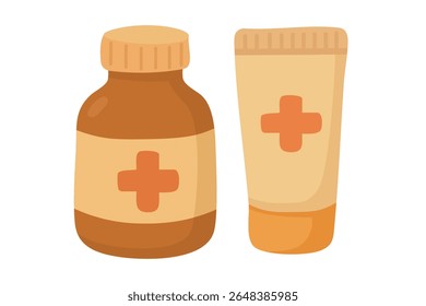 Cartoon set of medical bottle and cream tube. Flat vector health and pharmacy illustration.