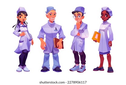 Cartoon set of medical personnel isolated on white background. Vector illustration of multiethnic male and female young and senior doctors and nurses in hospital uniform. Health care clinic services