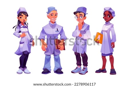 Cartoon set of medical personnel isolated on white background. Vector illustration of multiethnic male and female young and senior doctors and nurses in hospital uniform. Health care clinic services