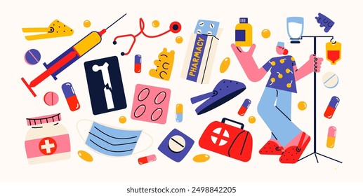 Cartoon set of medical stickers, pharmaceutical elements and doctors. First aid kit: pills, syringes, x-ray, vitamins. Hand drawn hospital shapes