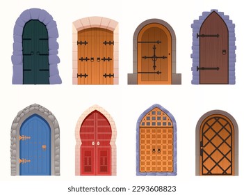 Cartoon set of medieval castle doors on white. Vector cartoon set of entrance in vintage house, castle or temple. Colored ancient doors from wood planks isolated
