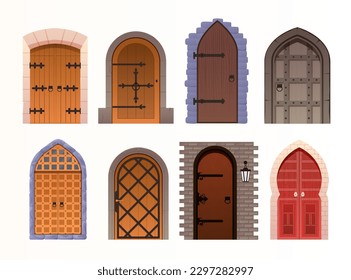Cartoon set of medieval castle doors on white. Vector cartoon set of entrance in vintage house, castle or temple. Colored ancient doors from wood planks isolated