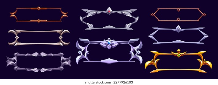 Cartoon set of medieval frames for game ui design. Vector illustration of golden, silver, bronze, steel borders decorated with gems and metal ornament isolated on background. User interface elements