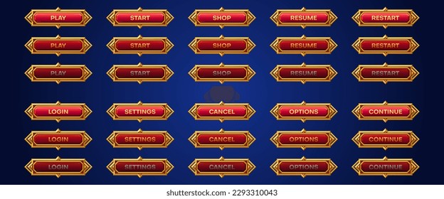 Cartoon set of medieval game buttons animation set. Vector illustration of red bars with golden frames. Play, start, shop, resume, restart, login, settings, cancel, option, continue sprite sheet svg
