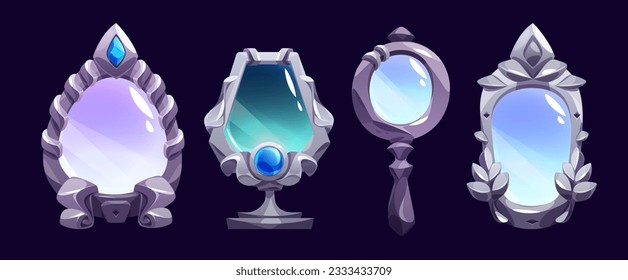 Cartoon set of medieval mirrors in silver or stone retro frame isolated on background. Vector illustration of vintage glass accessory decorated with blue gemstone. Magic fortunetelling game asset
