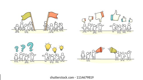 Cartoon set - meeting of two different business teams. Hand drawn collection with crowds of people and communications signs.