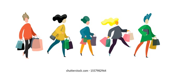 Cartoon set - men with shopping bags. Modern art concept with happy people walking after shopping.