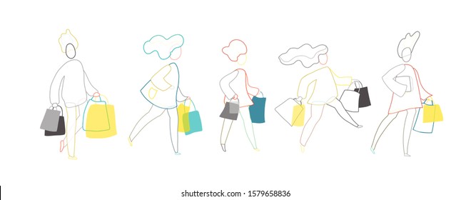 Cartoon set - men with shopping bags. Modern art concept with happy people walking after shopping.