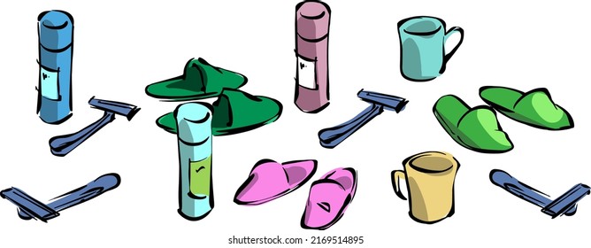 Cartoon set of men's self-care items. Illustration shaving machine, shaving foam, slippers. On a white background.