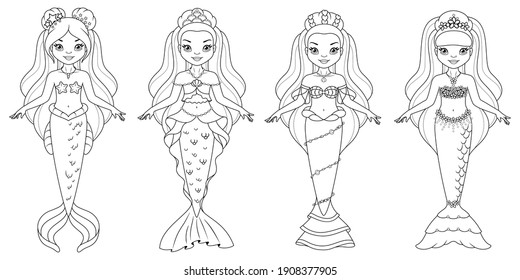 Cartoon set of mermaid dolls coloring page