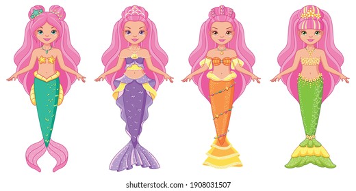 Cartoon set of mermaid dolls on white background