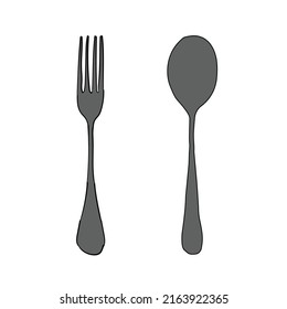 Cartoon set of metal fork and spoon hand drawn isolated on white background. Flat design. Vector illustration.
