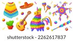 Cartoon set of mexican party accessories isolated on white background. Vector illustration of traditional donkey pinata, spanish guitar, maracas, sombrero, potted cactus. Child birthday elements