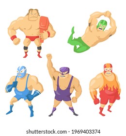 Cartoon set of Mexican wrestler fighters in masks. Vector illustration. Angry, gloomy wrestlers in colorful suits, in different poses during fight. Fight, wrestling, sport concept for banner design