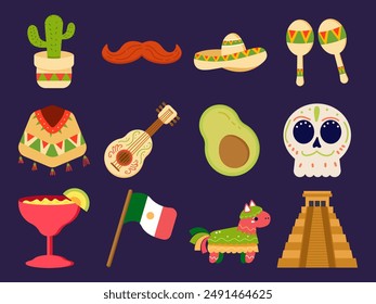 Cartoon set of mexico party accessories isolated on white background. Vector illustration of traditional donkey pinata, spanish guitar, maracas, potted cactus., Mexican Poncho and Sombrero