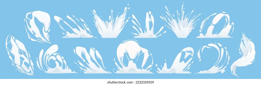 Cartoon set of milk or paint splash isolated on blue background. Vector illustration of white liquid substance pouring on surface with many drops splattering around. Fresh organic dairy food product