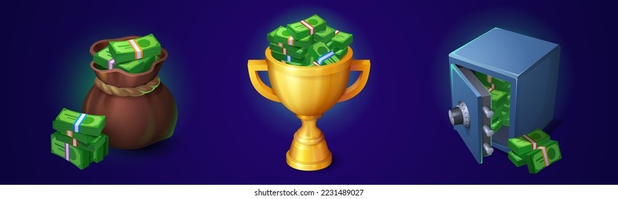 Cartoon set of money in sack, golden cup, safe isolated on background. Vector illustration of ancient sack, goblet and metal box full of cash in paper banknotes. Monetary prize, reward for victory