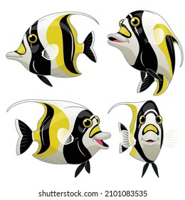 Cartoon Set of Moorish Idol Fish in Various Poses