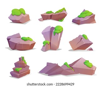 Cartoon set of moss covered stones. Granite blocks, hard rock lumps in green forest lichens. Solid mountain debris or crag for computer games. Broken rocky cobbles isolated on white background.