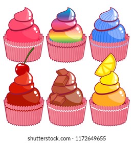 Cartoon set of muffins, cakes, cookies, vector sweet cute delicious, vector illustration isolated on white background, set of sweets, candy