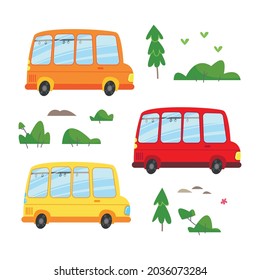Cartoon-Set mit mehrfarbigen Schulbussen und grünen Büschen. Vektorgrafik im Cartoon-Stil für Kinder. Einzeln lustige Transportklammer-Kunst auf weißem Hintergrund. Geradeweg zum Schuldruck