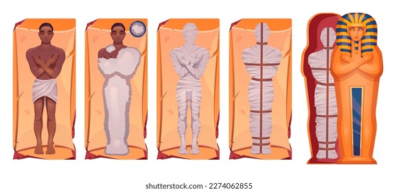 Cartoon set of mummification process steps isolated on white background. Vector illustration of dead man body embalmed in ancient golden sarcophagus. Antique religious tradition of burying pharaoh