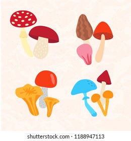 Cartoon set of mushroom. Vector iluustration. Different mushroms template isolated.