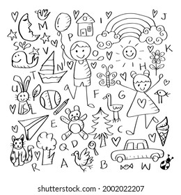 Cartoon set of objects from a child s life. Black and white.