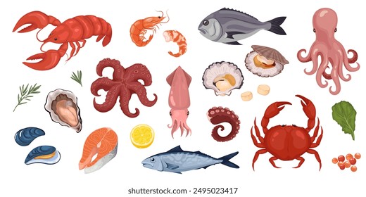 Cartoon set ocean seafood. Shrimp or crab, different fish. Culinary delicacies ingredients. Seafood