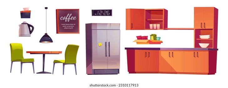 Cartoon set of office kitchen furniture isolated on white background. Vector illustration of fridge, cupboards with snacks, table, chairs, electric kettle, lamp and blackboard for dining room design