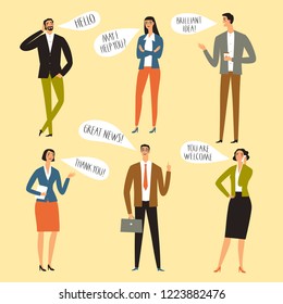 Cartoon set of office workers with speech bubbles and common phrases. Men and women talking. Illustration for your design. 