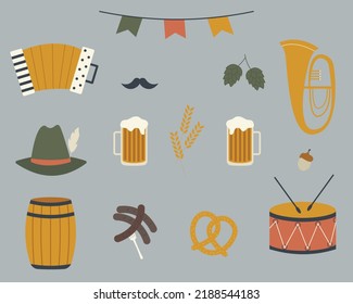 Cartoon set Oktoberfest design elements. Cute vector sticker for beer festival. Flat illustration of beer barrels, beer glasses, Tyrolean hat, drum, trumpet, brezel, sausages, hops, wheat. Clip art.