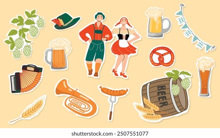 Cartoon-Set von Oktoberfest-Aufklebern.Tanzendes Paar, Girlande mit bayerischer Flagge, Gläser Bier, Fass, Hopfen, Brezel, Gerste, Akkordeon, Tuba, Hut und Wurst.Bierfest-Vektorgrafiken für Banner.