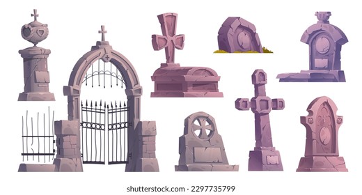 Cartoon set of old cemetery design elements isolated on white background. Vector illustration of gothic stone tombs, cracked ancient crosses, graveyard gate. Scary haunted place. Halloween decor
