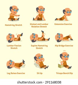 Cartoon set of old man doing warm-up and exercises