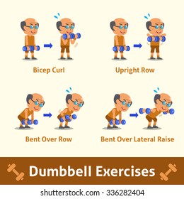 Cartoon set of old man doing dumbbell exercise step for health and fitness