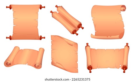 Conjunto de dibujos animados de pergaminos antiguos desfilan aislados en un fondo blanco. Ilustración vectorial de la página de papel antiguo, rollo de papiro, mapa, carta medieval, anuncio, manuscrito antiguo. Documento de cosecha
