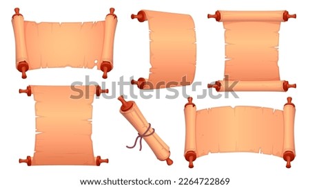 Cartoon set of old parchment scrolls isolated on white background. Vector illustration of ancient paper page, papyrus roll, map, medieval letter, announcement, antique manuscript. Vintage document