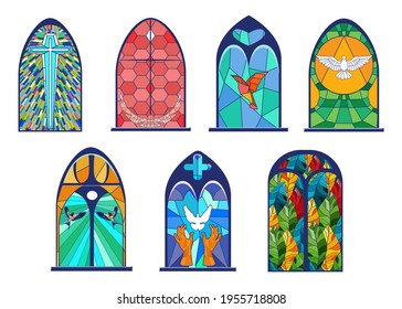 Cartoon set of old stained glass windows vector illustration. Fantasy glass painting, gothic architectural artwork with birds and cross. Architecture, gothic style, window design, art concept