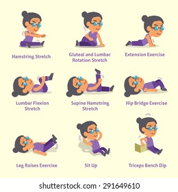 Cartoon set of old woman doing warm-up and exercises