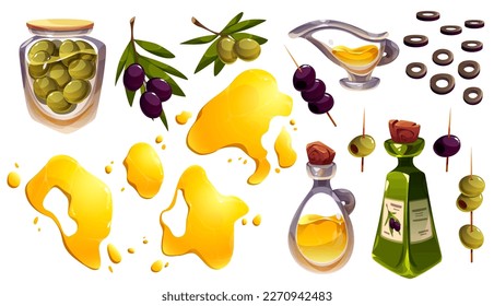 Cartoon set of olive tree branches, glass jar, bottle and splashes of oil isolated on white background. Vector illustration of fresh organic fruit served as appetizer. Cooking and cosmetics ingredient