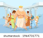 Cartoon set of Olympian Greek gods vector illustration. Ancient mythology heroes, Greek deities wearing traditional robes with symbols and Pantheon in background. Mythology, Greece, polytheism concept