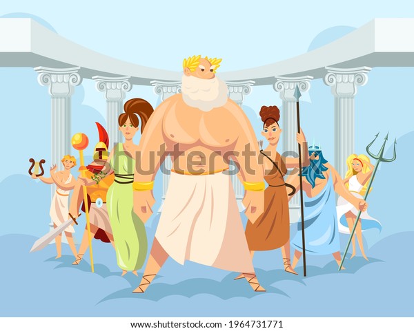Cartoon set of Olympian Greek gods vector\
illustration. Ancient mythology heroes, Greek deities wearing\
traditional robes with symbols and Pantheon in background.\
Mythology, Greece, polytheism\
concept