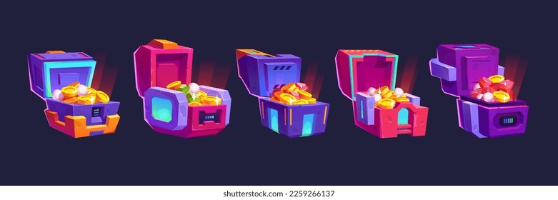 Cartoon set of open chests with treasure inside. Vector illustration of iron box with digital security lock full of golden coins, precious gemstones, pearls. Sci-fi game assets isolated on background