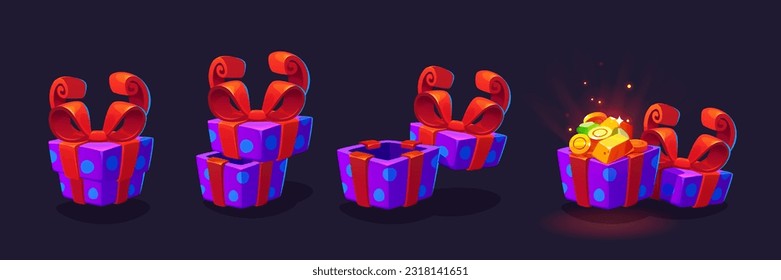 Cartoon set of open and closed gift box isolated on black background. Vector illustration of present package decorated with red ribbon, gold bar, money bonus, gemstone sparkling inside. Game reward