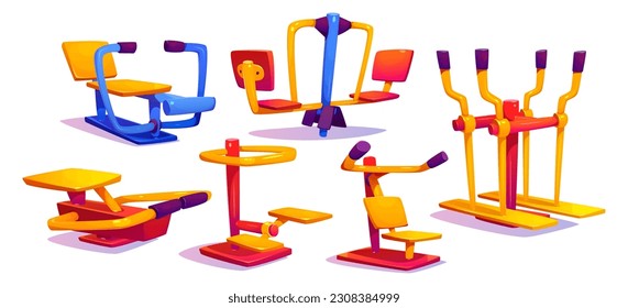 Cartoon set of outdoor gym equipment isolated on white background. Vector illustration of colorful machines for street workout exercising, fitness training in park, public garden, school campus