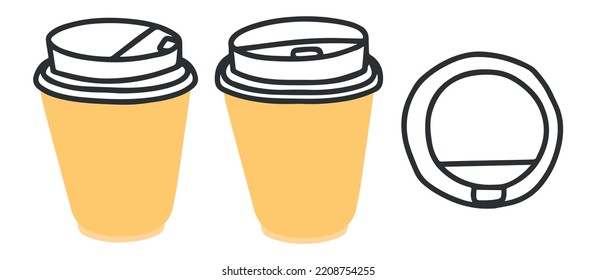 Cartoon set paper coffee cups on white background.
